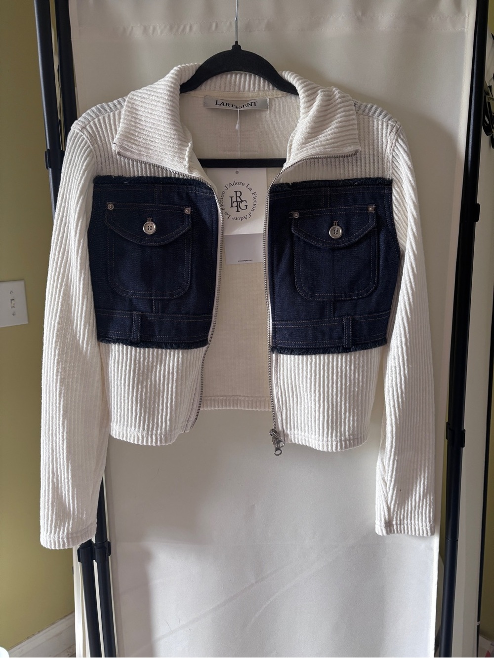 Lartigent White Knit & Navy Denim Zip Jacket